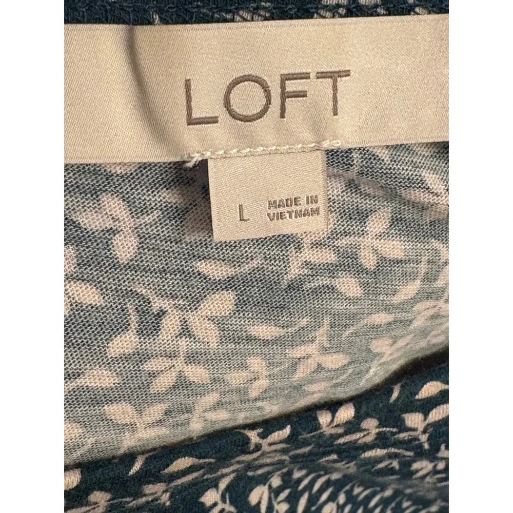 LOFT Womens‎ Teal Green Floral Leaf Print Cotton Long Sleeve Puff Shoulder Top L